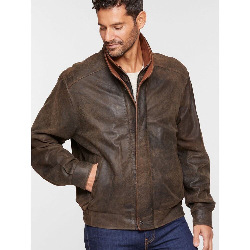 Overland Bomber Jacket Mens 44 Brown Italian Lambskin Leather Landon Distressed